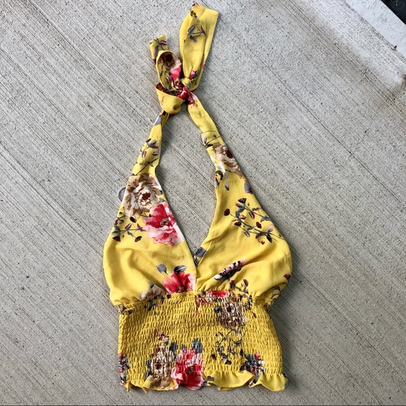 Love Tree small yellow summer top halter tie with lining and floral print - Picture 1 of 16